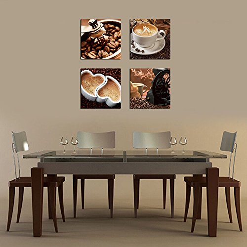 Kitchen Canvas Wall Art Coffee Bean Coffee Cup Coffee Grinder Canvas Pictures Large Modern Artwork Prints For Dining Room Home Decorations 12" X 12" X 4 Pieces Framed Ready To Hang #TOP4