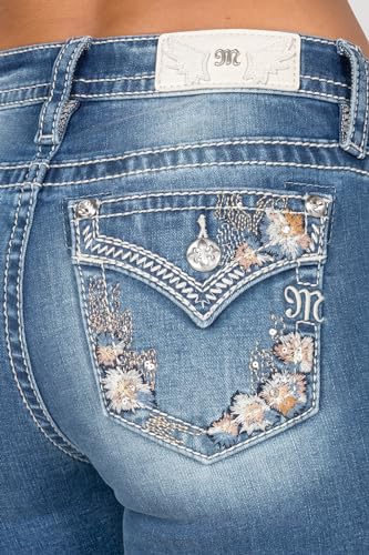 Miss Me Women's Mid Rise Bootcut Jeans, Faux Flap Pockets with Floral Embroidery, Boot Cut Stretch Denim Pants, Slim Fit4