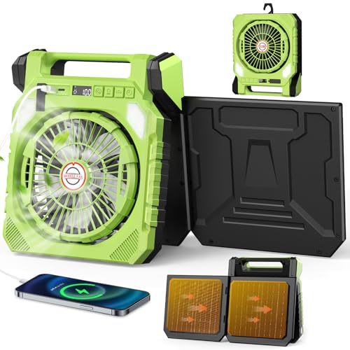 Solar Ventilator Camping Ventilator Akku 20000mAh mit 2 Solarpaneelen LED-Licht Schüttelkopf Digitalanzeige Taschenlampe Timer Haken. USB Fan Portatile Lüfter für Freien Abenteuer Angeln (Grün)