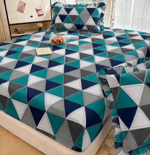 Image of Elastic Fitted King Size Bedsheet Cotton for Double Bed | 72 inchx78 inch +10 Inch, Floral, Soft & Breathable, Fade & Shrink Resistant, 2 Pillow Covers (Teal Blue)