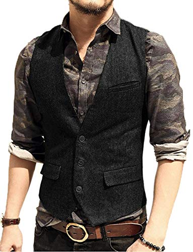 Men's Classic Suit Vest Slim Fit Herringbone Wool Tweed Casual Formal Waistcoat for Wedding Groomsmen