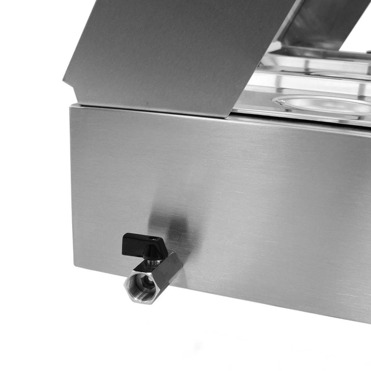 Espositore Bagnomaria in Acciaio Inox con 5 Vaschette da 7L – Ideale per Ristoranti, Takeaway e Catering – Vetrina in Vetro, Termostato 30–110°C, Facile da Pulire con Scarico Laterale