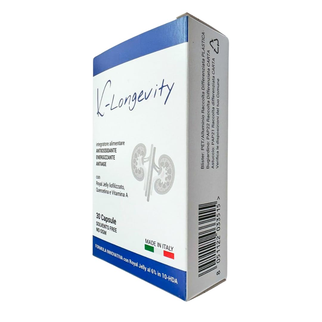 K-Longevity Integratore Alimentare Antiage Energizzante Antiossidante Con Royal Jelly (pappa reale) Quercetina Vitamina A. Supporta le difese Immunitarie e Combatte Fatica Stanchezza Radicali Liberi.