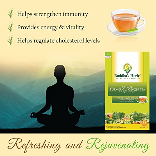 Buddha's Herbs Organic Turmeric And Ginger Tea, Blended With Lemongrass For Supporting Immune And Digestive Health, No Caffeine Dietary Supplement With Antioxidant, Pack Of 2, 44 Tea Bags #TOP3