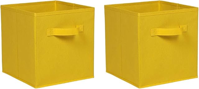 2 PCS Folding Storage Boxes with Handle, Foldable Canvas Organiser Cube Basket Bin Storage Unit for Nursery Wardrobe Kids Room, Yellow