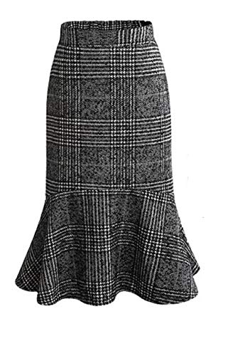 CHARTOU Women's Flared Plaid Elastic Waistband Bodycon Woolen Fishtail Pencil Midi Skirt (X-Small, Grey)