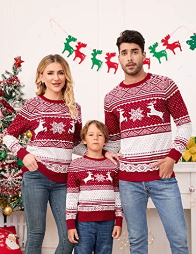 Image of MISSKY Family Christmas Sweater Crew Neck Reindeer Snowflakes Knitted Pullover for Women /Men /Kids