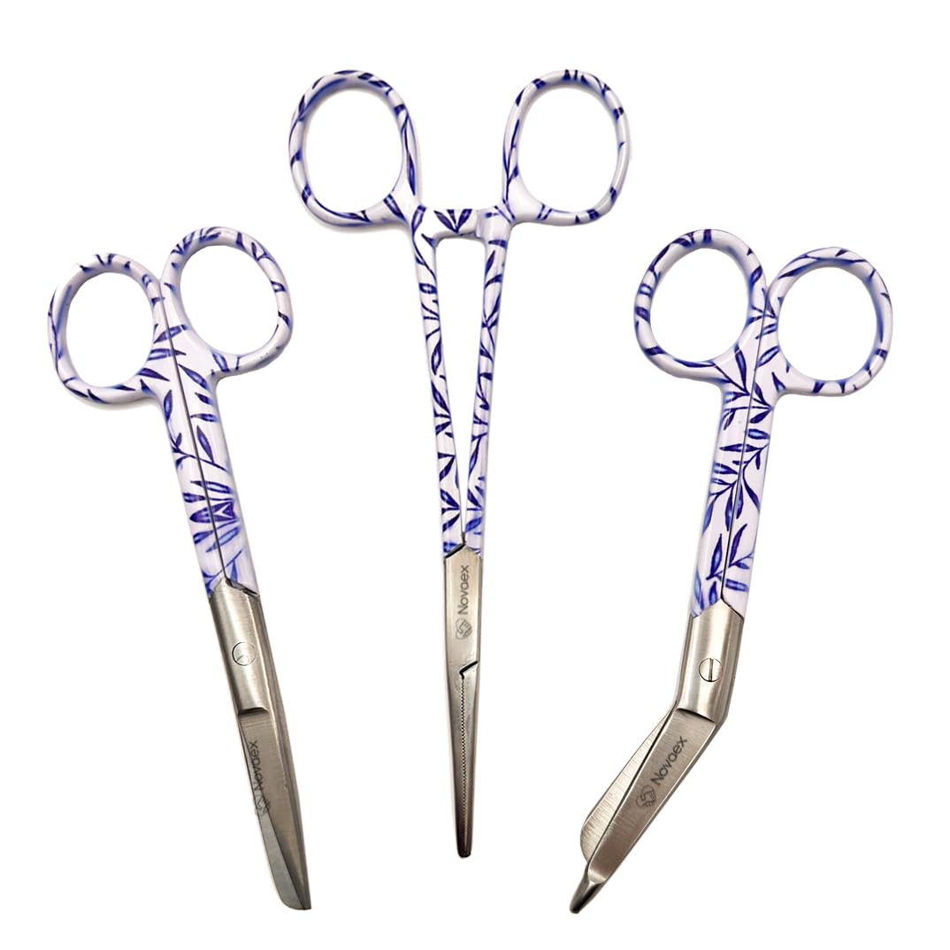 Set de ciseaux d'infirmière "Feuilles bleues" - Ciseaux à bandages - Accessoires infirmiers - Ciseaux de premiers secours - Ciseaux médicaux - Kocher - Cadeau pour infirmière