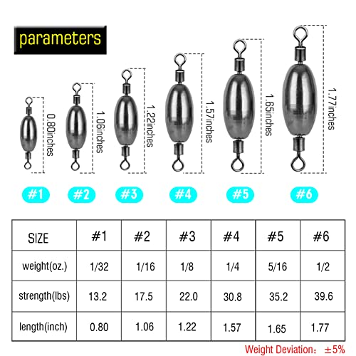 Amysports Saltwater Fishing Weights Swivel Bullet Sinkers Fishing Weight Brass Fishing Weights Freshwater Bass Sinker Weight With Swivel Rolling 15Pcs 1/8Oz #TOP5