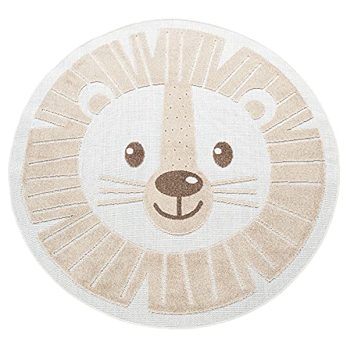 Vloerkleed Kinderkamer Kind Jongen Meisje Rond Speelvloerkleed 3D Leeuw Beige, Maat:Ø 120 cm Rund - Afbeelding 7