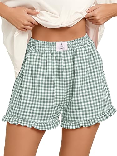 ANRABESS Boxer Shorts for Women,Gingham Plaid Elastic Waist Ruffle,Perfect for Lounge,Pajama&Sleep,Cute Casual Summer Bottoms Green White Plaid Medium