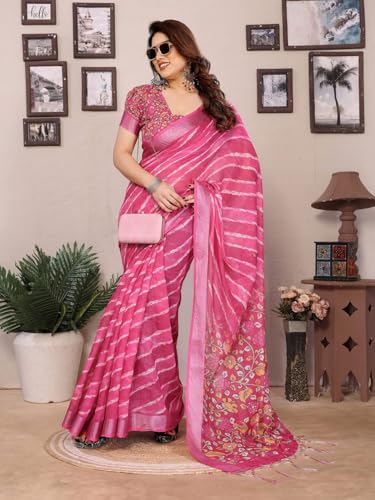 Image of Women's Zari Border Cotton Linen Printed Saree with Blouse