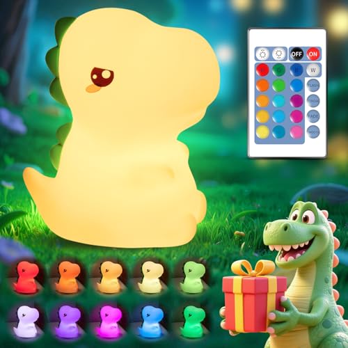 Image of One Fire Dinosaurs Night-Lights 16 Colors+Remote LED Squishy Cute Lamp, Silicone Dimmable Nursery Night Light for Bedroom, Cute Light Up Dinosaur, Rechargeable Kawaii Lamp for Baby Nursery Boys Gifts