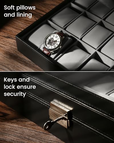 Image of Uten Watch Box 24 Slots with Large Glass Lid, Watch Display Case, Gray | Leather Watch Jewelry Storage Organizer with Lock and Key, Velvety Inner Lining, for Watch to 48mm, Gift for Men and Women