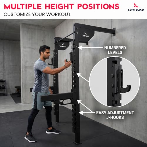 Image of Leeway LF 106 Wall Mounted Squat Rack with Pull Up Bar | Heavy Duty Power Rack, Barbell Stand, Bench Press Stand for Home Gym | 500 KG Capacity, High Jump Power Cage | Made in India (Black, SQ LF106 - Wall Mounted)