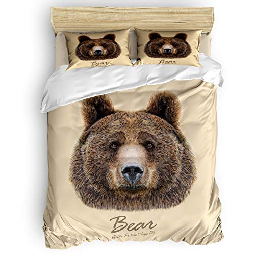 Queen Beding Sets Duvet Cover Sets 4 Piece Bed Sheet Set Home Decor,Cute Brown Bear Head Animal Pattern Comforter Cover Sets,Include 1 Duvet Cover 1 Bed Sheets 2 Pillowcases