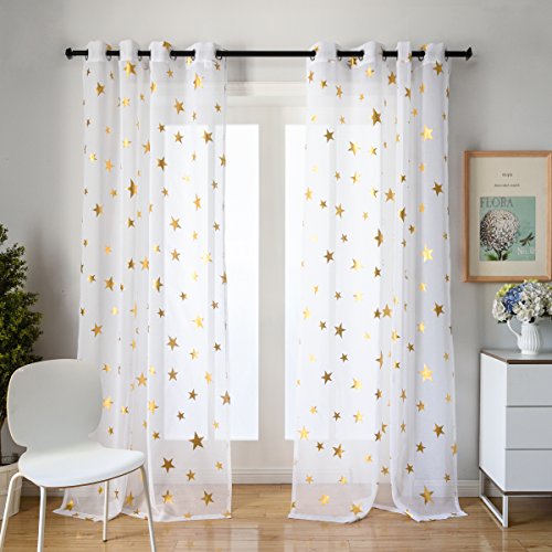 Kotile Nursery/Kid's Bedroom Sheer Door Curtain Panels With Gold Foil Print Star Patern, Thin And Soft Grommet White Voile Sheer Curtains For Girls Bedroom (2 Panels, 52 X63 Inches) #TOP1