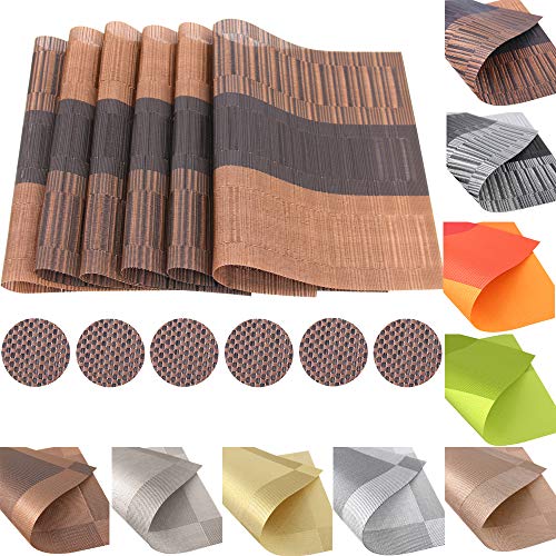 Time to Sparkle Conjunto de 12 Manteles Individuales + Posavasos de PVC Mantelitos Individuales Antideslizante Resistente al Calor Mesa de Comedor de Cocina (PVC-Bambú Marrón)