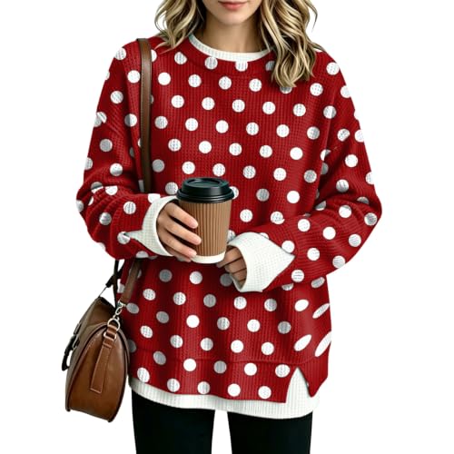 Womens Crew Necks Sweatshirts Knit Long Sleeve Polka Dot Sweatshirts - image 2
