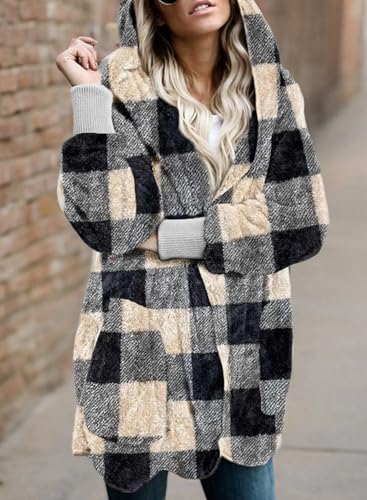 Image of Dokotoo Womens 2025 Winter Long Sleeve Solid Fuzzy Fleece Open Front Hooded Cardigans Jacket Coats Outerwear with Pocket