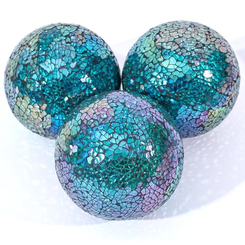 DomeStar 3PCS Decorative Balls for Bowls, 4 Inch Turquoise Orbs Glass Balls for Centerpiece Bowls Mosaic Sphere for Home Decoration Dining Table