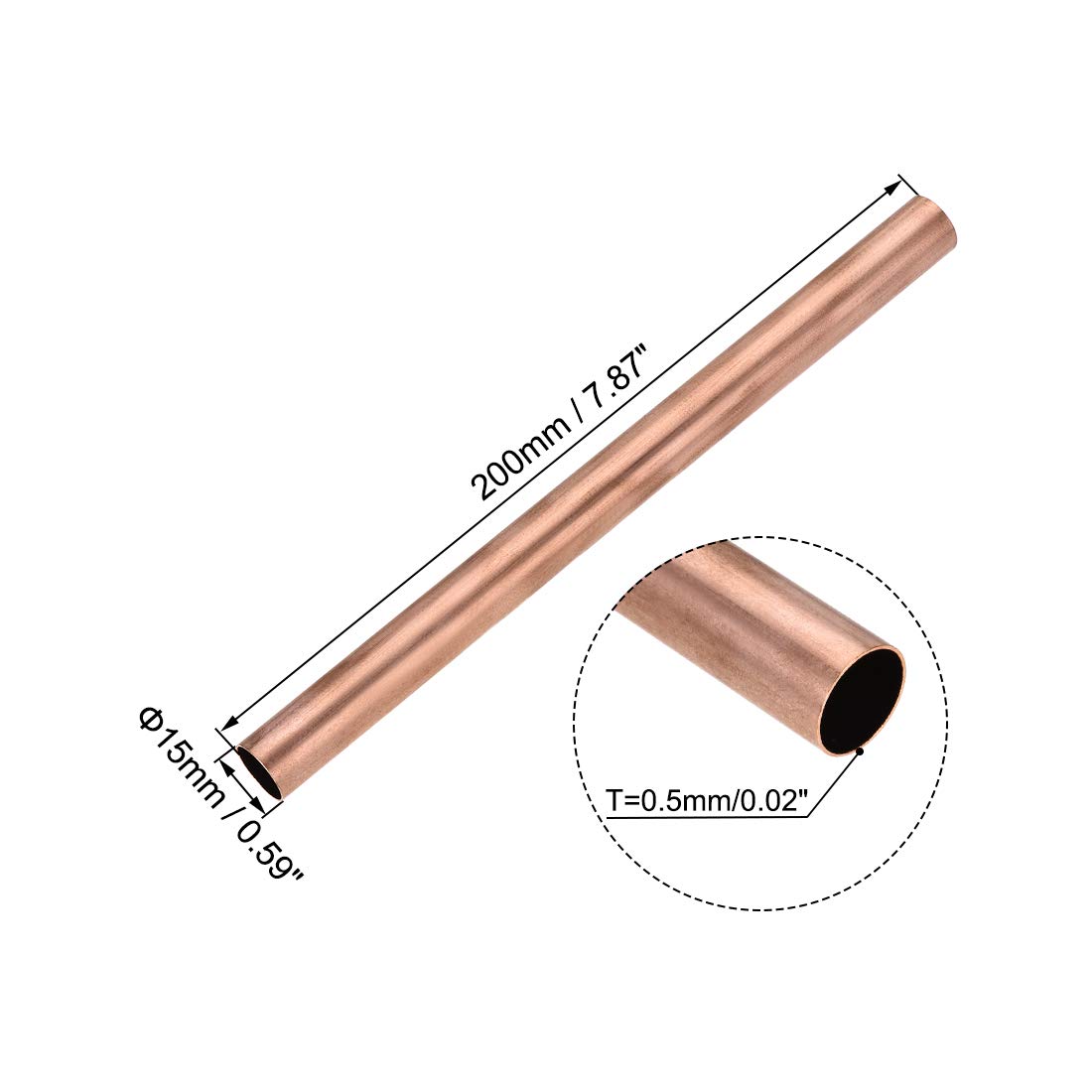 sourcing map Cobre Redondo Tubo, 15mm OD 0.5mm Pared Grosor 200mm Longitud Recto Tubería Tubo 3uds