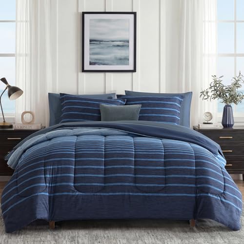 Image of Monbix Queen Comforter Set - 7 Pieces Bed in a Bag Queen, Navy Blue-Stripe Bedding Sets, All Seasons Comforter Bed Set with Sheets, Pillowcases & Shams