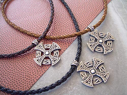 Hand Made Braided Leather Necklace With Round Antique Silver Toned Celtic Knot Cross Pendant - Genuine Leather Necklace For Men - Available Sizes: 16,18,20,22,24 Inch Or Custom #TOP5