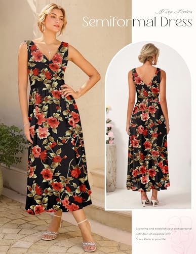 Image of GRACE KARIN Women's Summer Sleeveless Floral Maxi Dress V Neck Formal Wedding Guest Dress A Line Beach Vacation Clothes