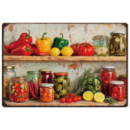 SUPERDANT Plaque Metal Vintage Pots de Légumes Pots Colorés Plaque Murale Decorative Épices Nourriture Affiche Vintage pour Cuisine Salle à Manger Panneau...