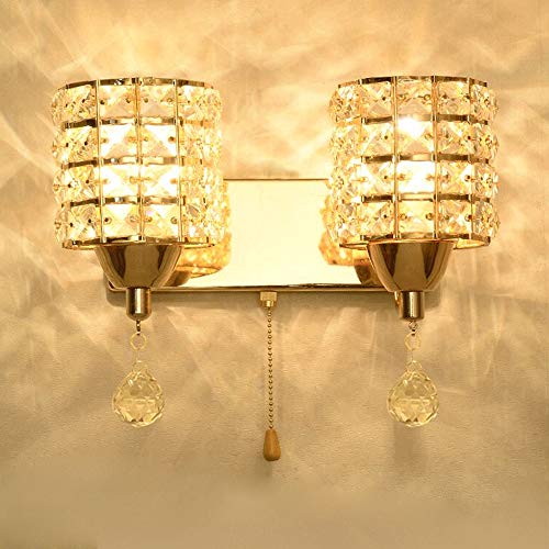 Crystal Wall Sconce Modern LED Wall Lighting Fixture E27 Decorative Wall Mount Lamp with Pull Chain Switch for Bedroom Living Room Aisle Study Room Hallway (Double Head, Gold) - Image 4