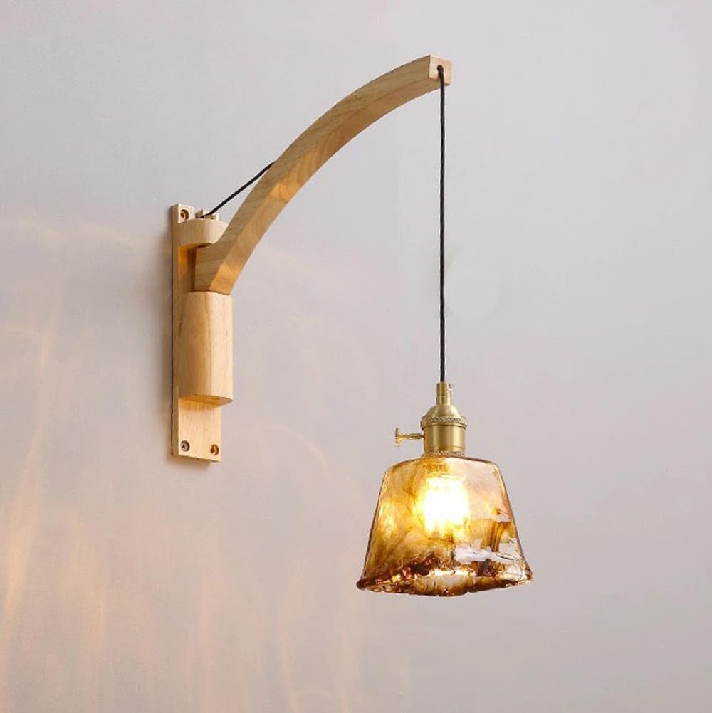 ITOSUI Adjustable Swing Arm Wall Mounted Reading Lamp Amber Glass Shade - Mid Century Farmhouse Sconce for Bedroom, Living Room, and More(Square Shade)