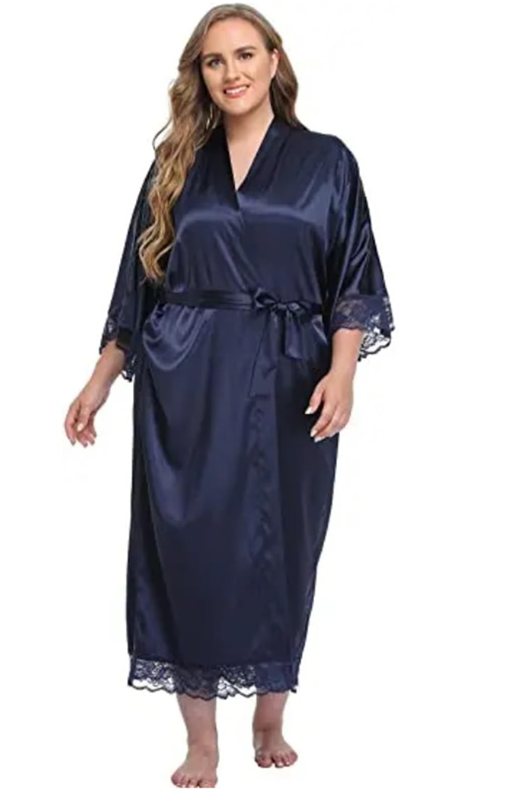 Albornoz de Satén Bata de Novia con Mangas de Encaje, Bata de Novia de Encaje Boudoir, Bata de Boda Larga for Mujer, Bata de Dama de Honor(Deep Blue,5XL)