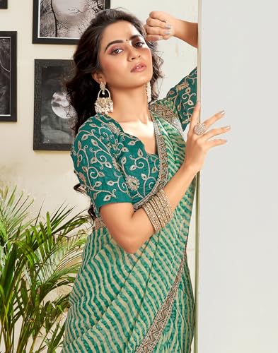 Image of SIRIL Women's Bandhani Printed Embroidery Lace Georgette Saree with Unstitched Blouse Piece