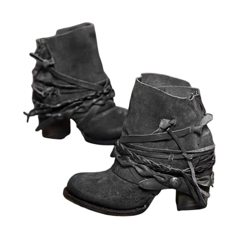 Womens Suede Ankle Boots Chunky Heel Ankle Booties Back Zipper Vintage Western Boots for Ladies - Bohemian Casual