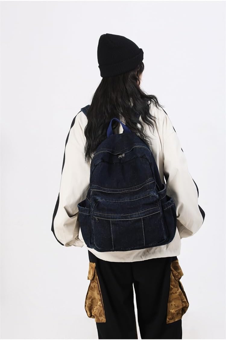 Denim Backpack for Women Men Y2K Aesthetic Daypack Classic Retro Jeans Backpacks Casual Lightweight Laptop Backpack (Dark Blue) - Image 3