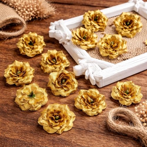 Image of SATYAM KRAFT 12 Pcs Artificial Eden Rose Flower Heads | Fabric Fake Roses for Home Decoration, Mandir Pooja, Wedding, DIY Craft & Cake Decoration, Floral Arrangements (4 cm) (Golden)