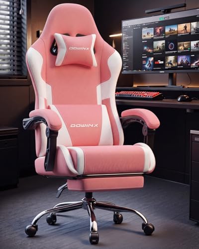 Image of Dowinx Ergonomic Gaming Chair with Footrest & Massage Lumbar, 2D-Linkage Armrests for Computer Chair 330lbs with Headrest Pillow for Office, Home, Streaming and Long Gaming Sessions, Fabric Pink White
