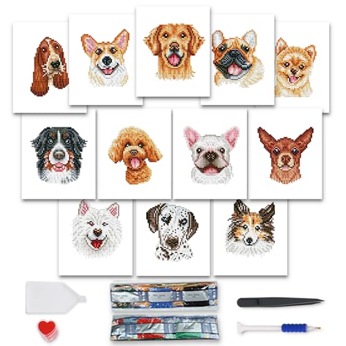 MAMACHU 12 mini kit per diamond painting 5D, kit fai da te per pittura con diamanti Corgi, Golden Retriever, bulldog francese, barboncino, chihuahua, piccoli kit per principianti, 15 x 18 cm, cornice