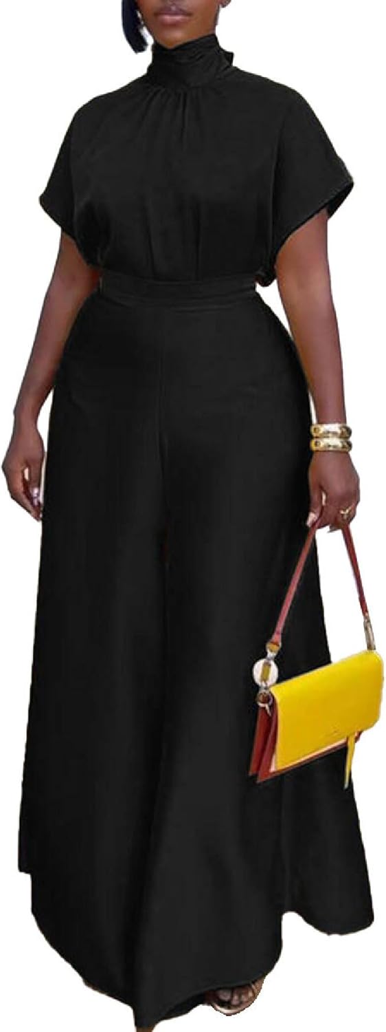 Seltaon Womens Summer 2 Piece Outfits Satin Short Sleeve Tops Wide Leg Palazzo Pants Vacation Going Out Sets