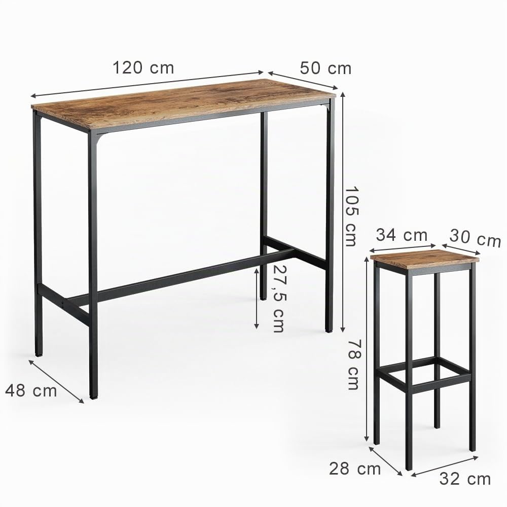 Vicco Set de Mesa de Bar Fyrk, Madera Antigua, 120 x 50 cm con 2 taburetes de Bar, Apto para Barras y encimeras de Cocina, apilable para Almacenamiento