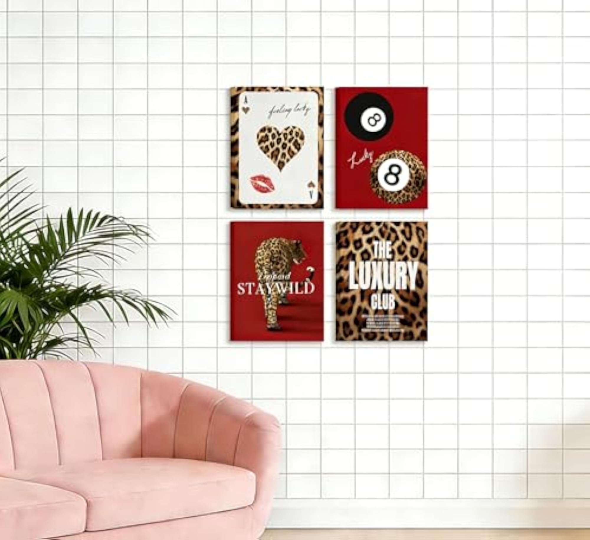 4Pcs Red Trendy Leopard Canvas Wall Art, Wild Cheetah Decor