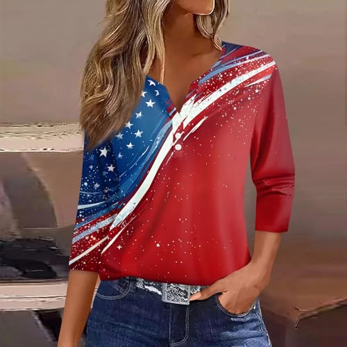 Image of 4th of July Shirts Women 3 /4 Length Sleeve Womens Tops Henley Neck Casual Patriotic T Shirts