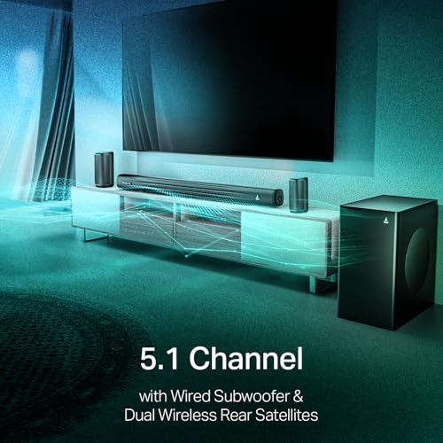 Image of Boat Aavante Prime 5.1 5050D, Dolby Audio, 500W, 5.1CH w /Wired Subwoofer & Wireless Satellites, Scan QR Code for Installation Bluetooth Sound bar, Home Theatre Soundbar Speaker (Premium Black)