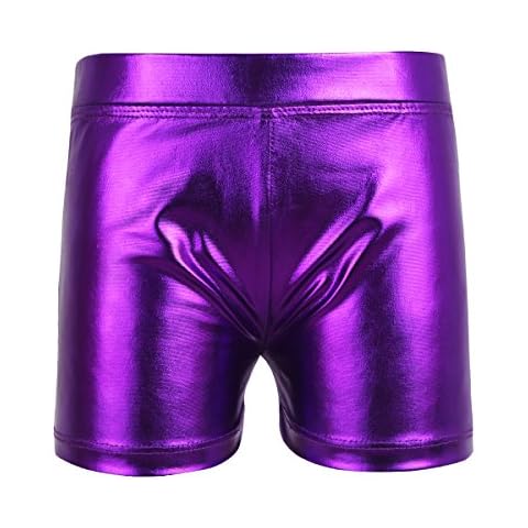 iEFiEL Kids Girls Shiny Metallic Shorts Hot Pants Gymnastic Ballet Dance Yoga Shorts Stretchy Workout Sports Shorts Purple 9-10 Years Cover
