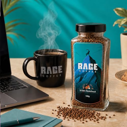 Image of RAGE COFFEE Irish Hazelnut - Flavored Instant Coffee Powder for both Hot & Cold Coffee, 100% Single Origin Arabica Coffee Beans Powder (IRISH HAZELNUT, 100g)
