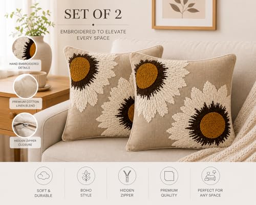 Image of Prista Hand Embroidered Cushion Covers Set of 2 | Sunflower Design | 16x16 Inch Boho Sofa Covers | Thick Cotton Tufted Embroidery | Hidden Zipper | Living Room Bedroom Decor (Vintage Sunflower)