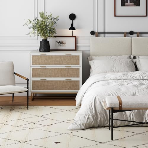 Image of Nathan James Kova Boho Dresser or Storage Cabinet with Drawers for Bedroom or Nursery with Textilene Rattan Accent and Metal Legs, White