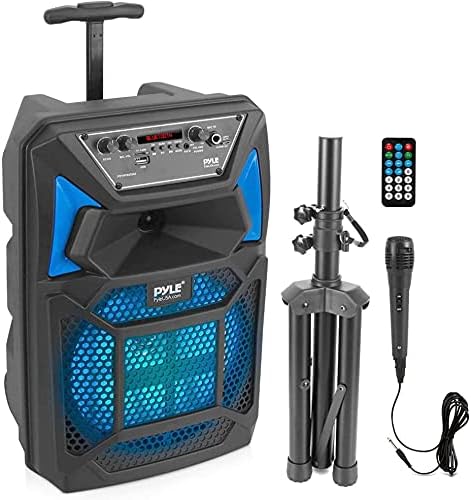 Portable Bluetooth PA Speaker System - 400W Outdoor Bluetooth Speaker Portable PA System w/Microphone In, Party Lights, MP3/USB SD Card Reader, FM Radio, Rolling Wheels - Mic, Remote - Pyle PPHP82SM
