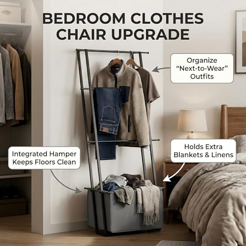 2-in-1 Leaning Blanket Ladder with Storage Basket, Matte Black Metal Towel Rack Stand, Drill-Free Space Saving Organizer for Bathroom & Bedroom Throws, 63" by Canyave - Image 4
